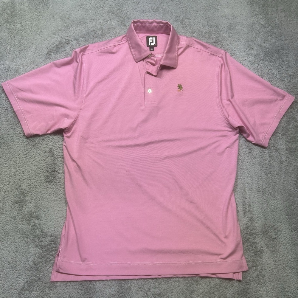 FootJoy FJ Golf Polo Shirt Men's L Pink Striped The Tuxedo Club Logo Stretch EUC